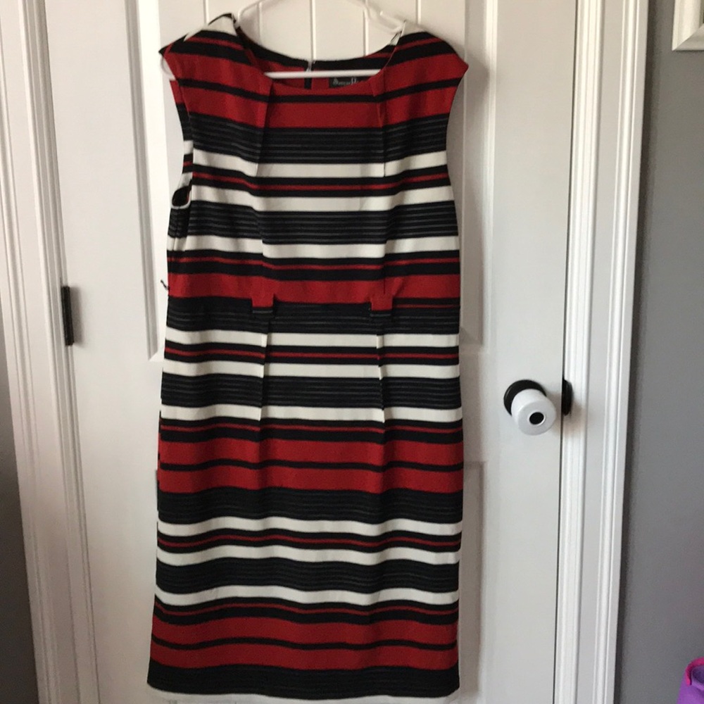 Red, black and white dress.  Perfect for work.